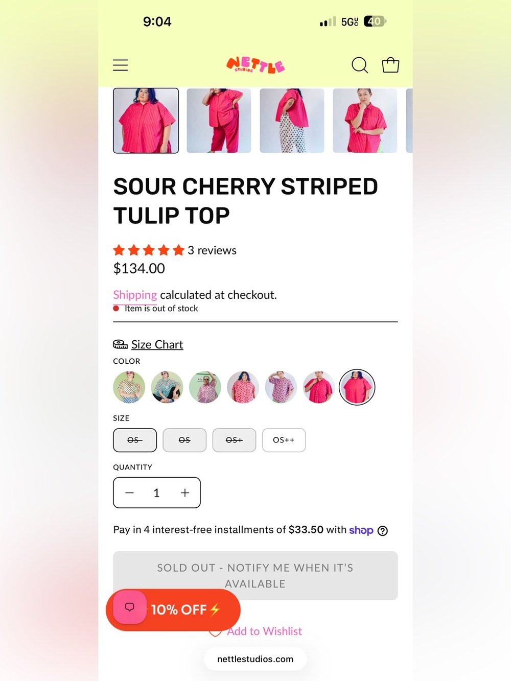 Nettle Studios Sour Cherry Striped Tulip Top OS- NWOT - Picture 5 of 13